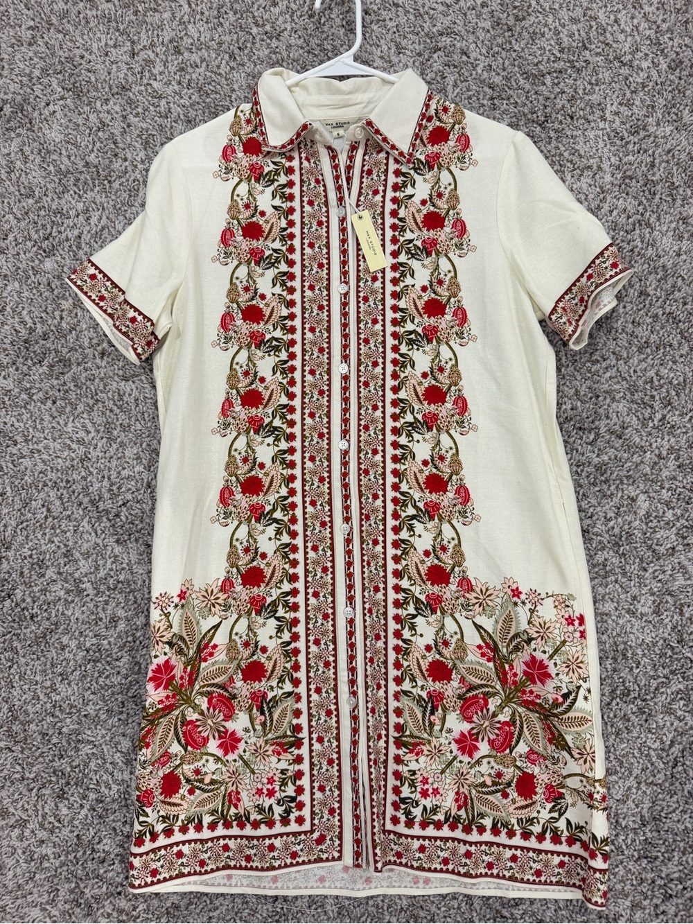 Max Studio Cream Dress with Red & Green Floral Embroidery